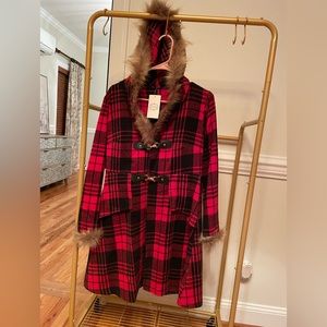 Red & black peacoat with faux fur trim